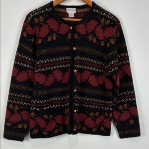 Crystal-Kobe Women's Medium Cardigan Button Front Black Red Leaf Acorn Sweater